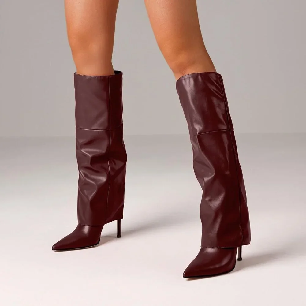 Women's Winered Knee High Wide Calf Pointed Toe Stiletto Fem Flame Stylish Heel